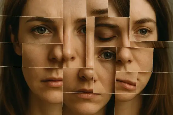 Frammenti di un volto femminile compongono un mosaico, simbolo della libertà di essere se stessi in ogni sfaccettatura.